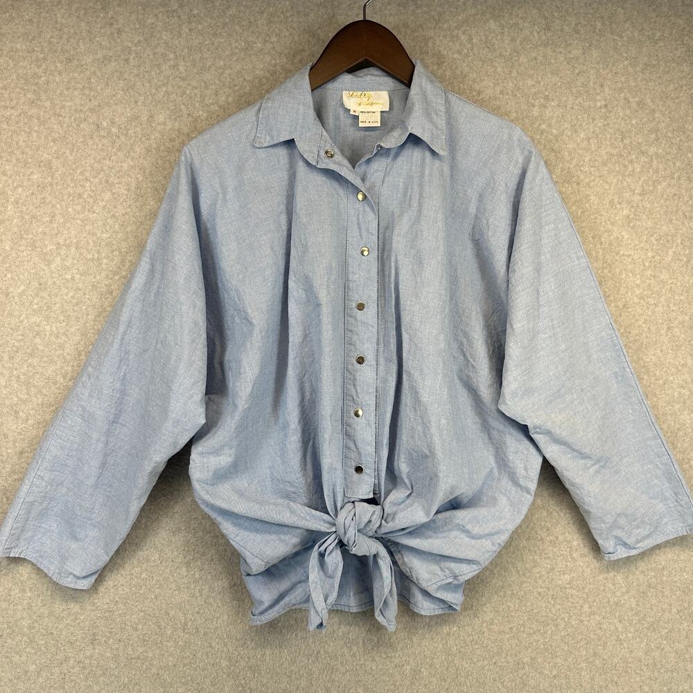 Vintage Lilly of California Blouse Top Womens Medium Blue Cotton Snap Front Tie